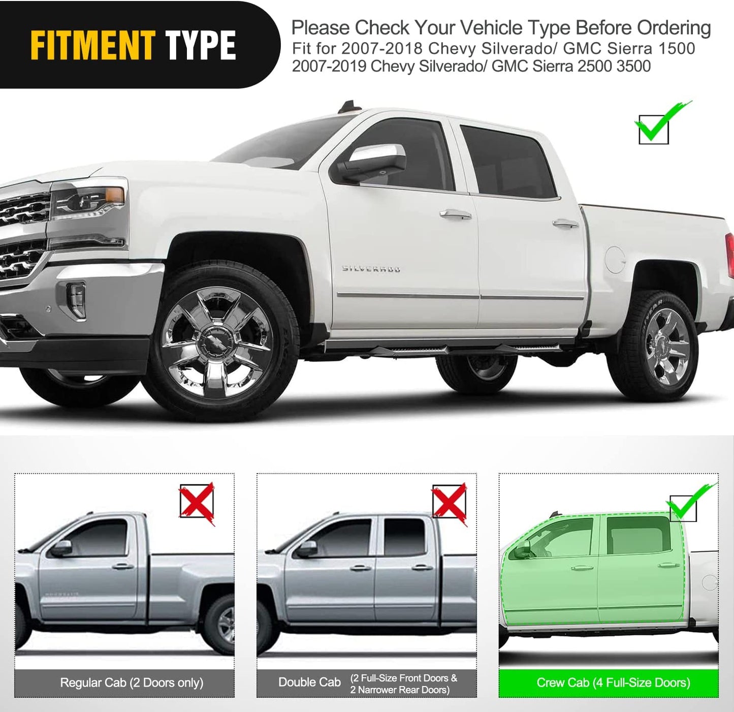 Fitment Type of Nilight Running Boards For 2007-2018 Chevy Silverado GMC Sierra 1500