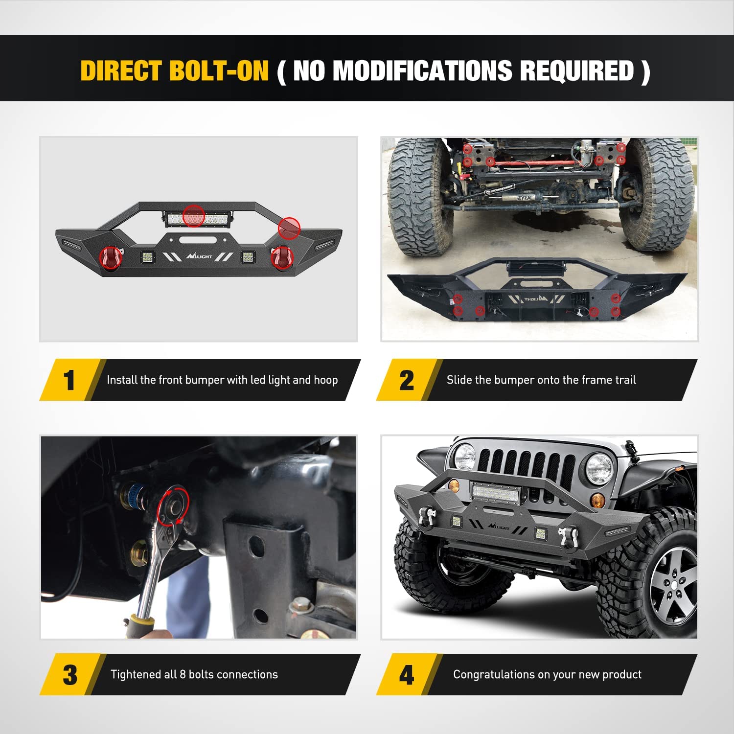 Direct Bolt-on Nilight Front Bumper Kit For 2007-2018 Wrangler JK/JKU | 2018-2022 JL/JLU | 2020-2022 Gladiator JT