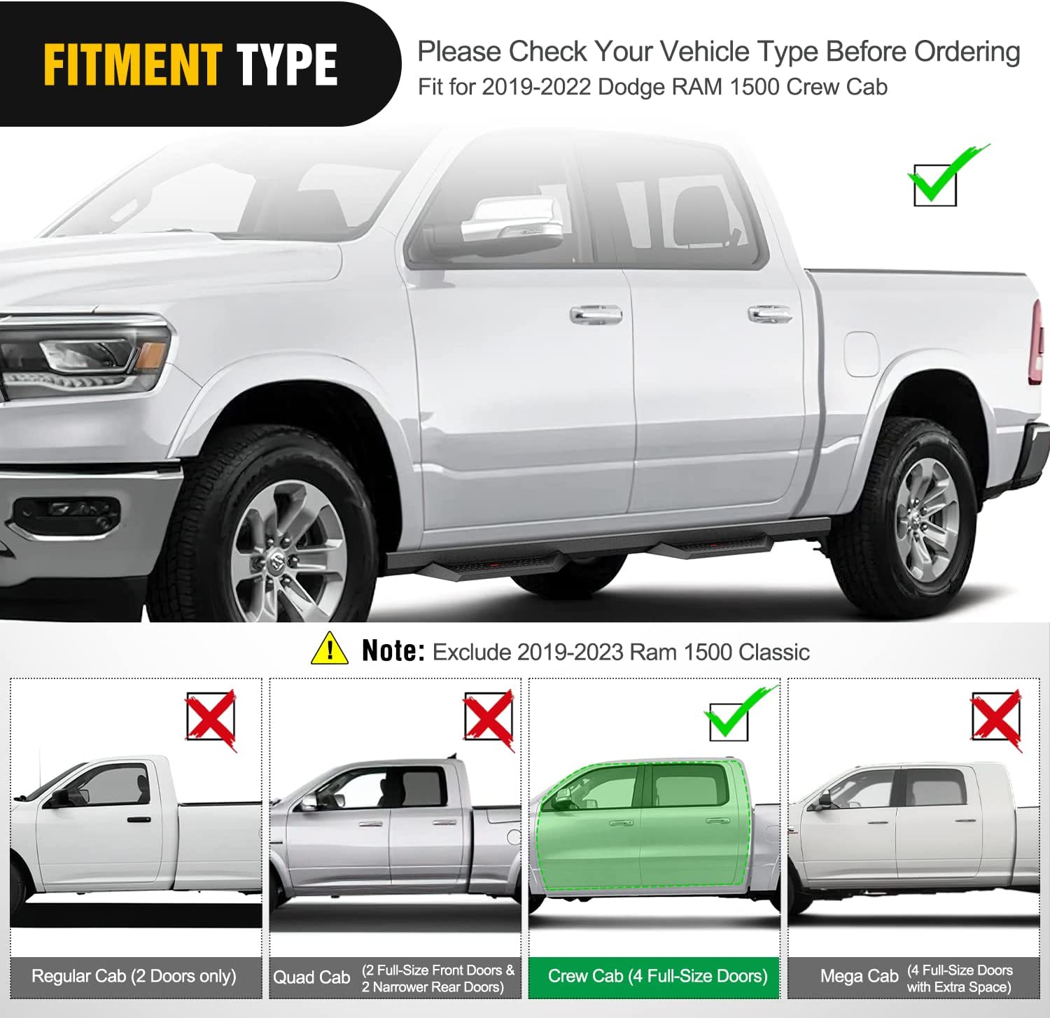 Fitment Type of Nilight Running Boards For 2019-2022 Dodge Ram 1500 (Pair)