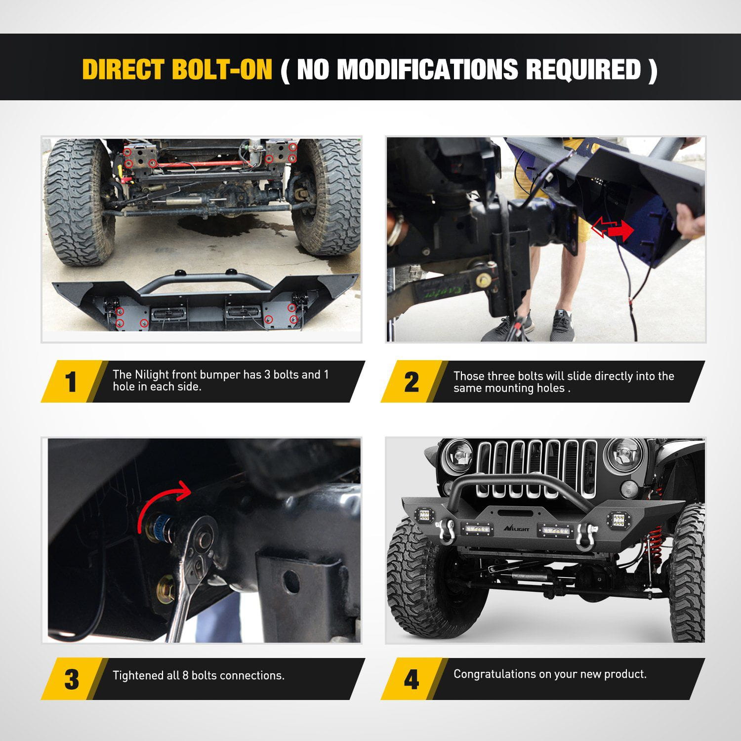 Direct Bolt-On Nilight Front Bumper Kit A For 2007-2018 Jeep Wrangler JK