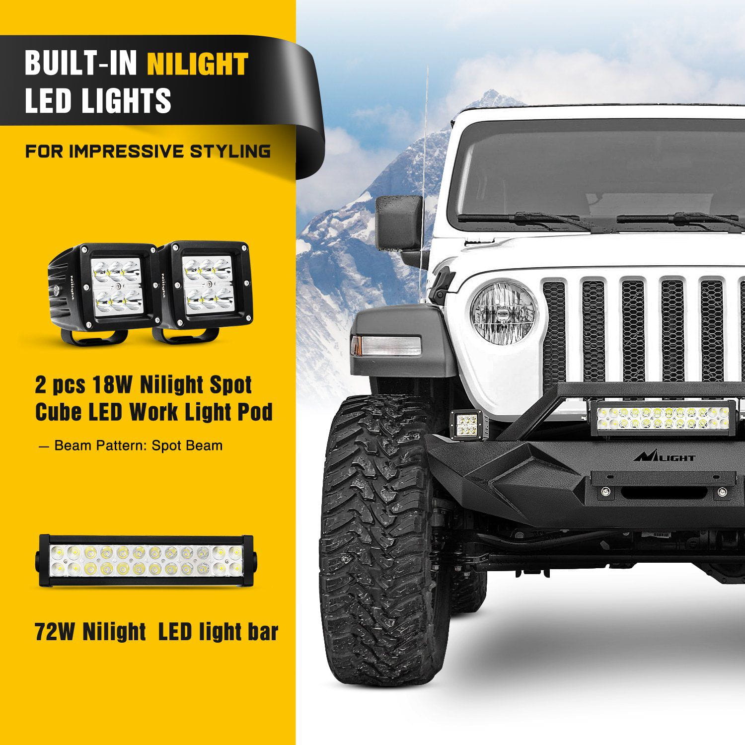 Built in LED Lights of Nilight Front Bumper Kit For 2018-2023 Jeep Wrangler JL