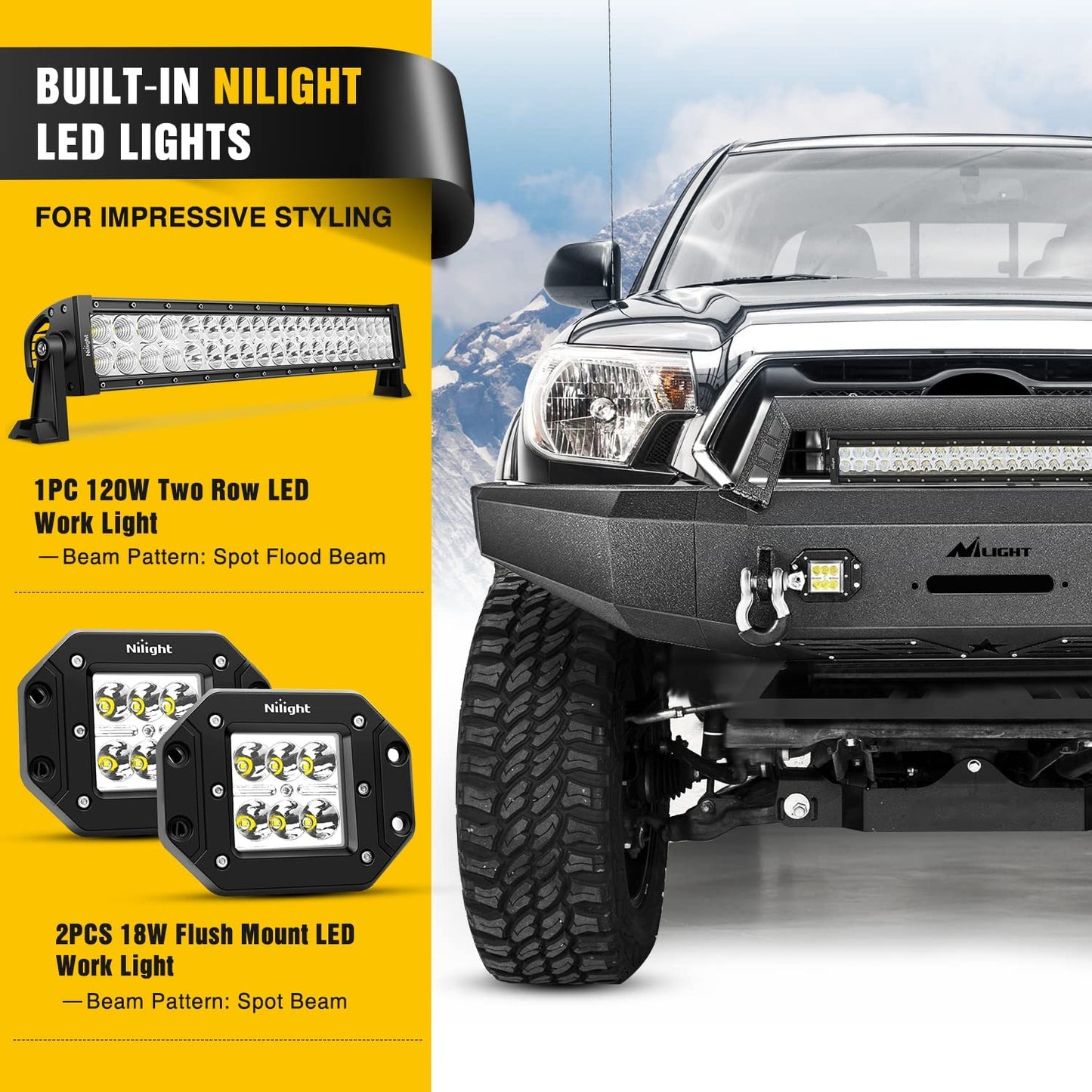 Built in LED Lights in Nilight Front Bumper Full Width Steel For 14-21 Toyota Tundra