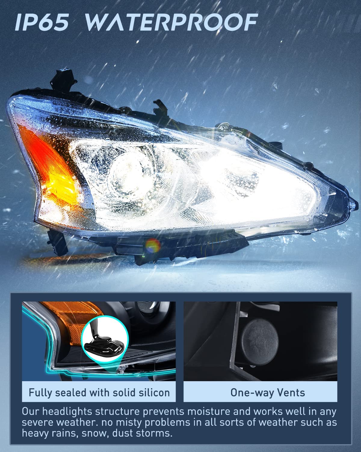 IPV6 Waterproof Nilight Headlight Assembly Black Case Amber Reflector For 2013-2015 Nissan Altima 4 Door Sedan (Pair)