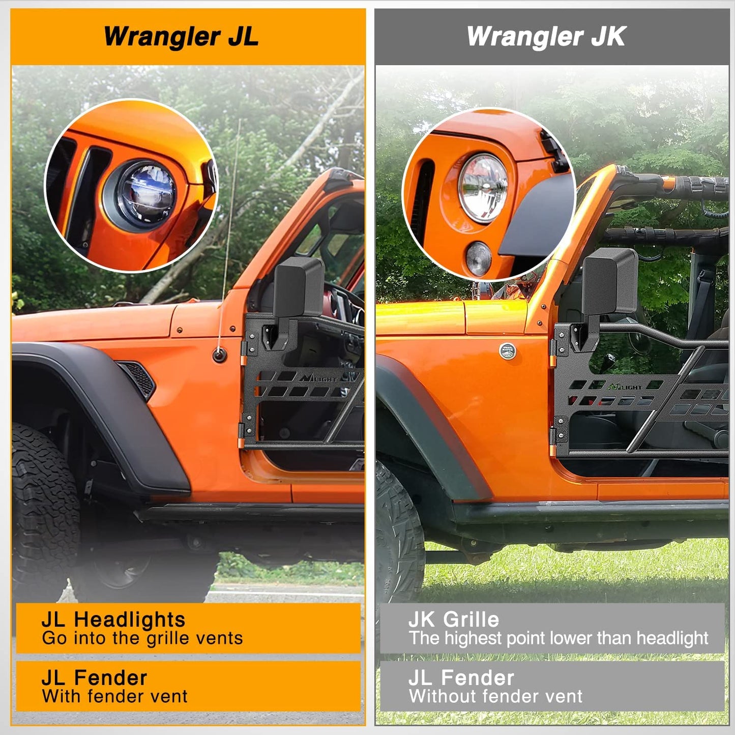 Wrangler JL vs Wrangler JK version of Nilight Front Rear Tubular Doors with Side View Mirrors For 2018-2023 Wrangler JL | 2020-2023 Gladiator JT 2 Door