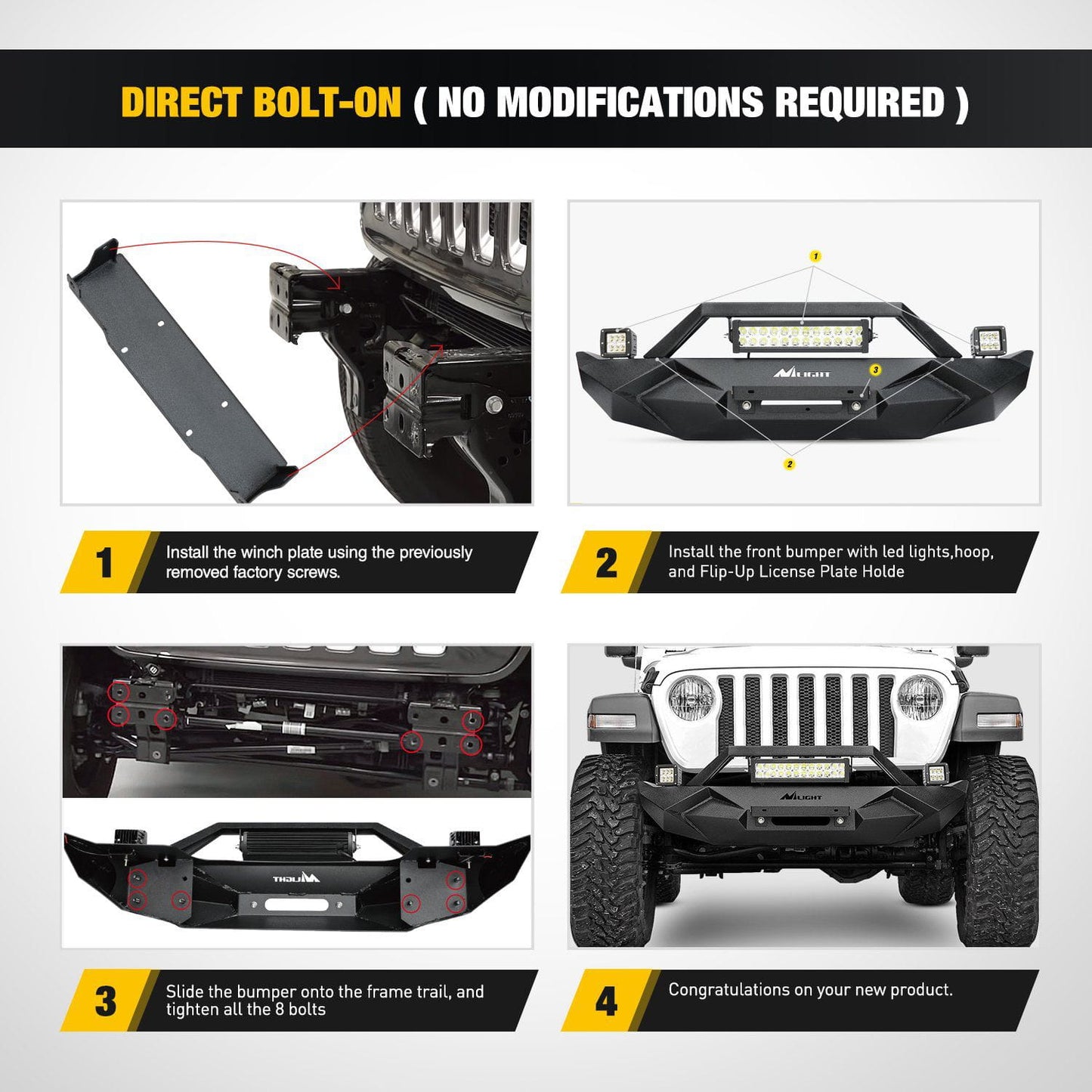 Direct Bolt On Nilight Front Bumper Kit For 2018-2023 Jeep Wrangler JL
