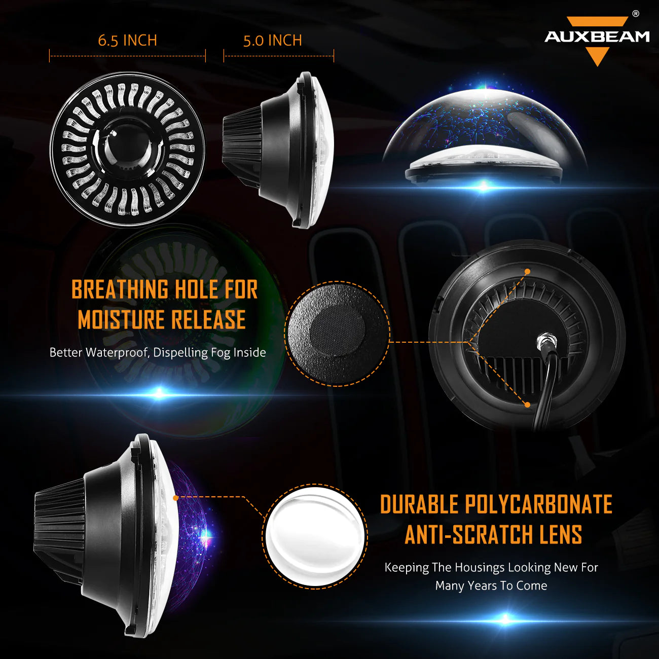 Auxbeam 7'' Hi-Lo Beam LED Headlight with RGB Flowing Halo Ring & 4'' LED Fog Lights With White DRL+Amber Turn Signal