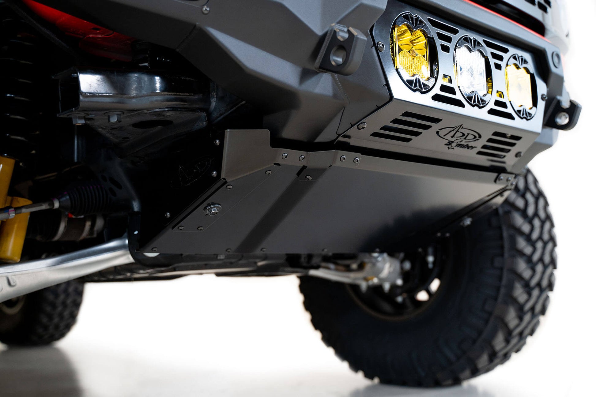 Installed on Car Close View From Bottom ADD Ford Bomber Front Bumper (Baja) | 2021-2023 Bronco