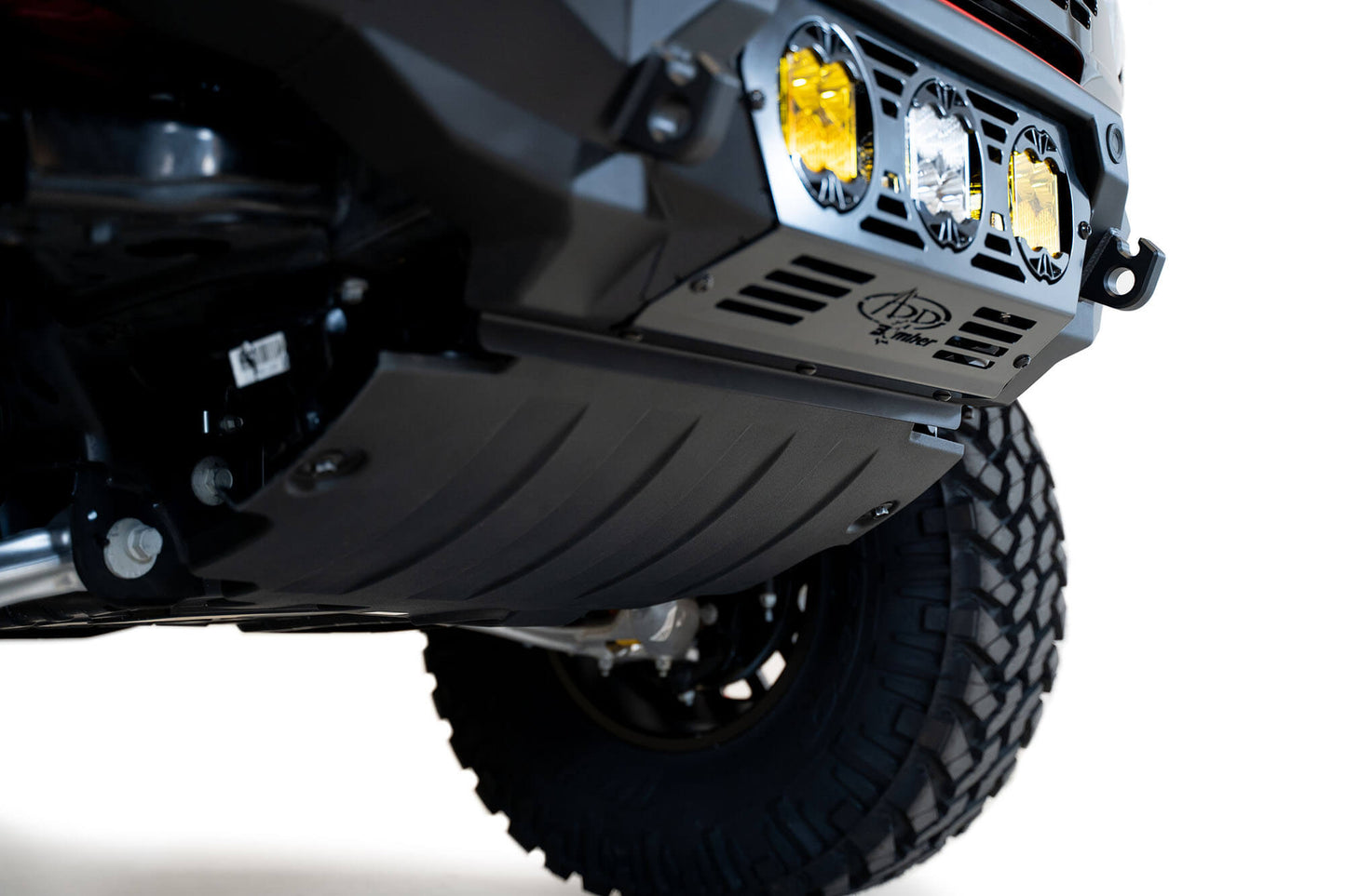 Installed on Car Close View From Bottom ADD Ford Bomber Front Bumper (Baja) | 2021-2023 Bronco