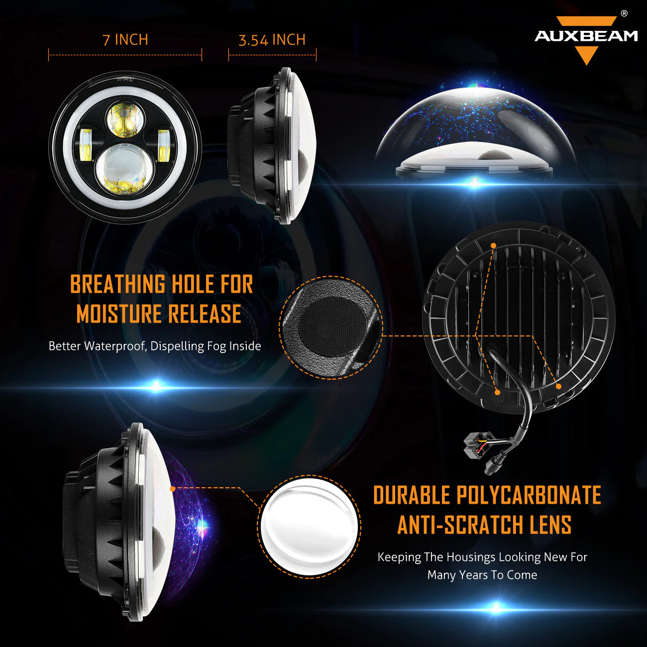 Auxbeam 7'' Round Rotating Led Headlight With RGB Halo Ring & 4'' Led Fog Lights With White DRL+Amber Turn Signal