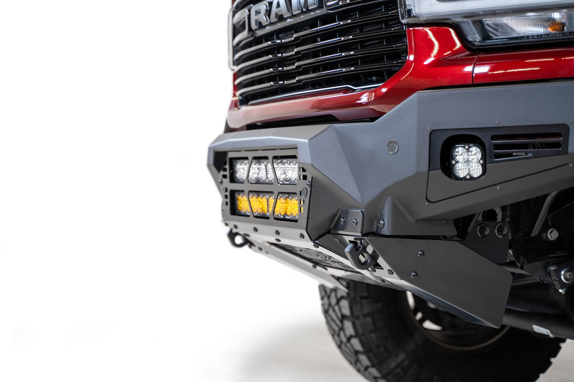 Close View of Installed ADD Bomber Front Bumper (Dual 20 Inch Lights) | 2019-2023 RAM 2500/3500