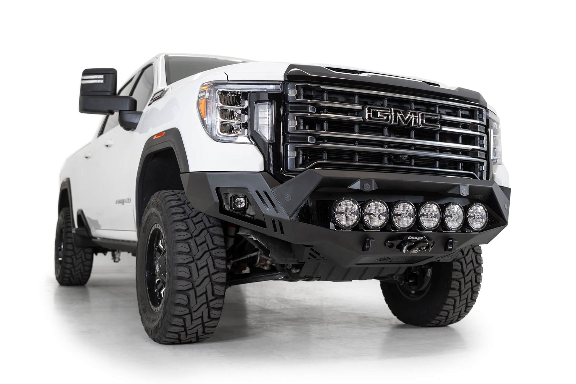 Installed on Car with White Round Light bars ADD GMC Bomber HD Front Bumper | 2020-2023 Sierra 2500/3500