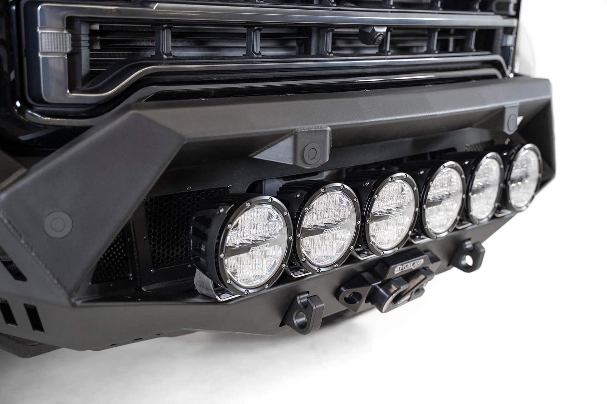 Installed on Car with Round Lights Close View ADD GMC Bomber HD Front Bumper | 2020-2023 Sierra 2500/3500