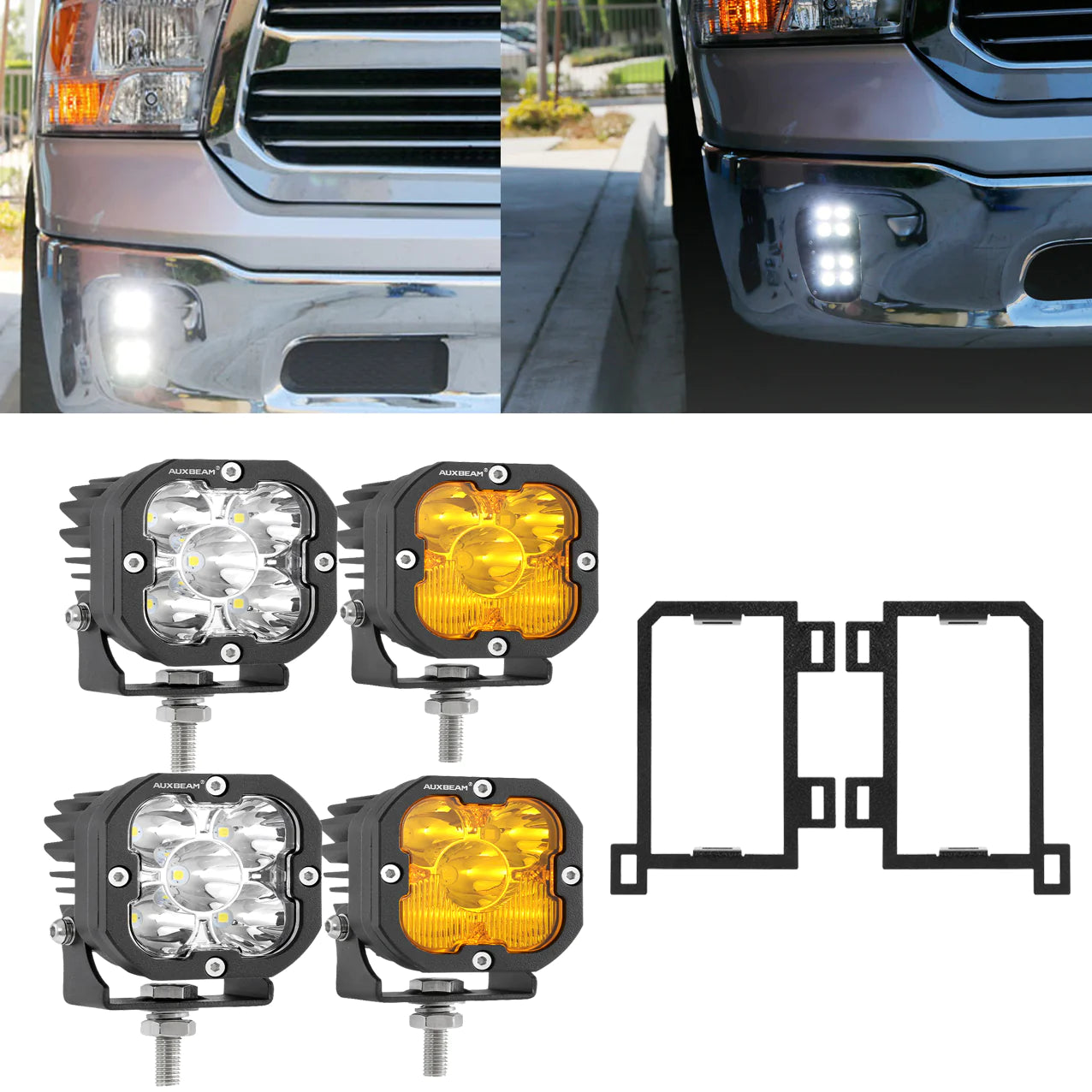 Auxbeam 3 Inch LED Pods Lights with Additional Amber Covers & Fog Lamp Mounting Brackets (Vertical Fog Lamp) for Dodge Ram 1500 2013-2018