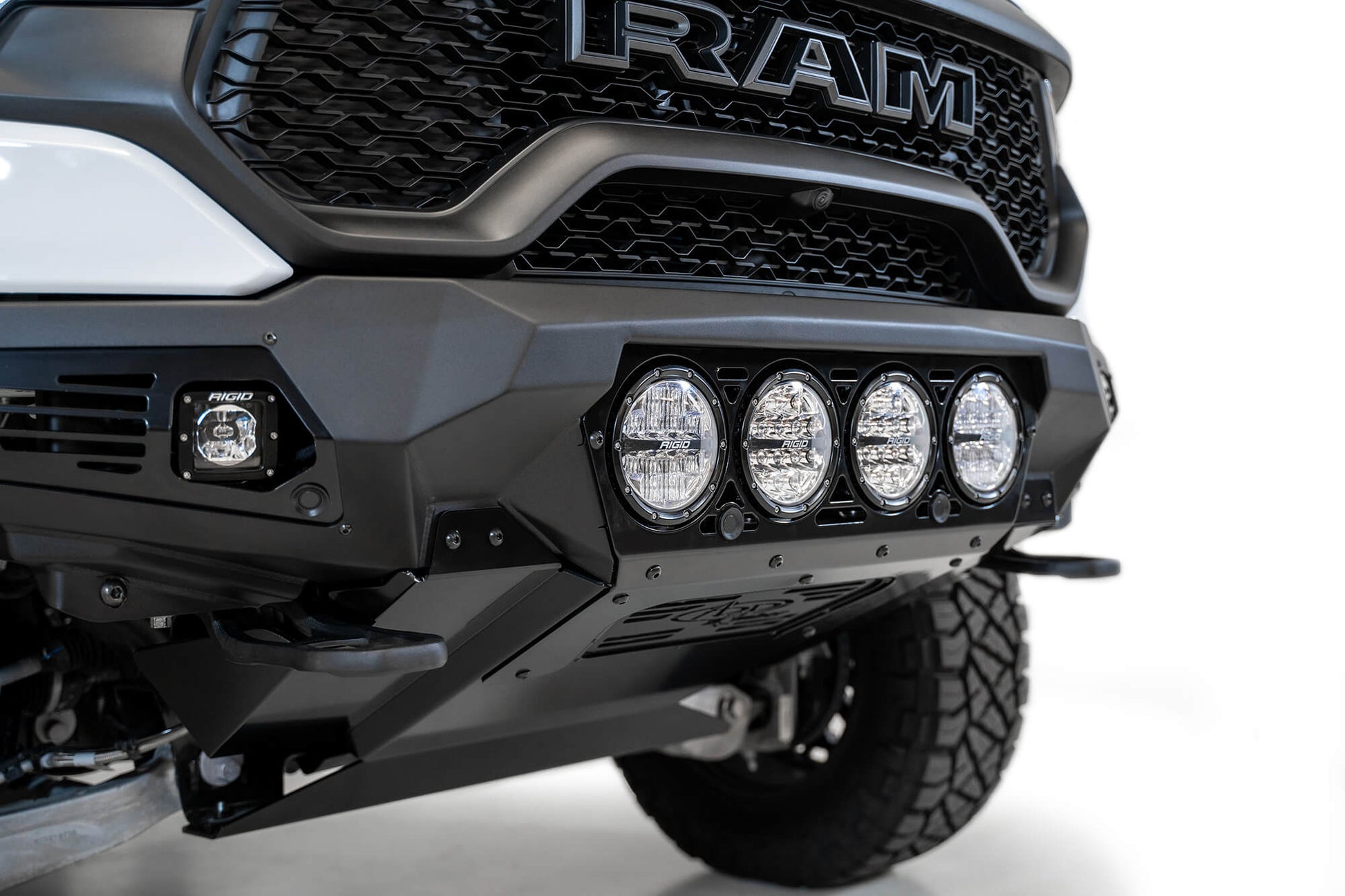 Close View of Installed ADD Bomber Front Bumper (RIGID) | 2021-2023 RAM 1500 TRX