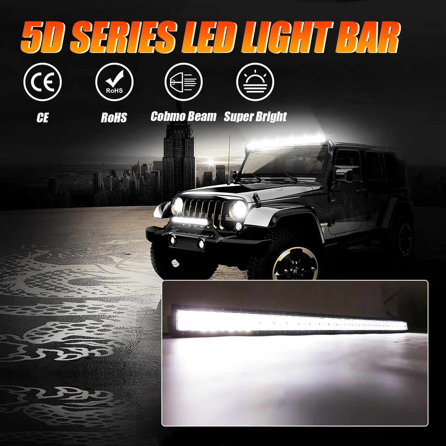 Auxbeam 52" 5D Series Straight LED Light Bar + 7" LED Headlight with Halo Ring & 7" Headlight Adapter 9" Bracket + 52" Straight Light Bar Windshield Mounting Brackets