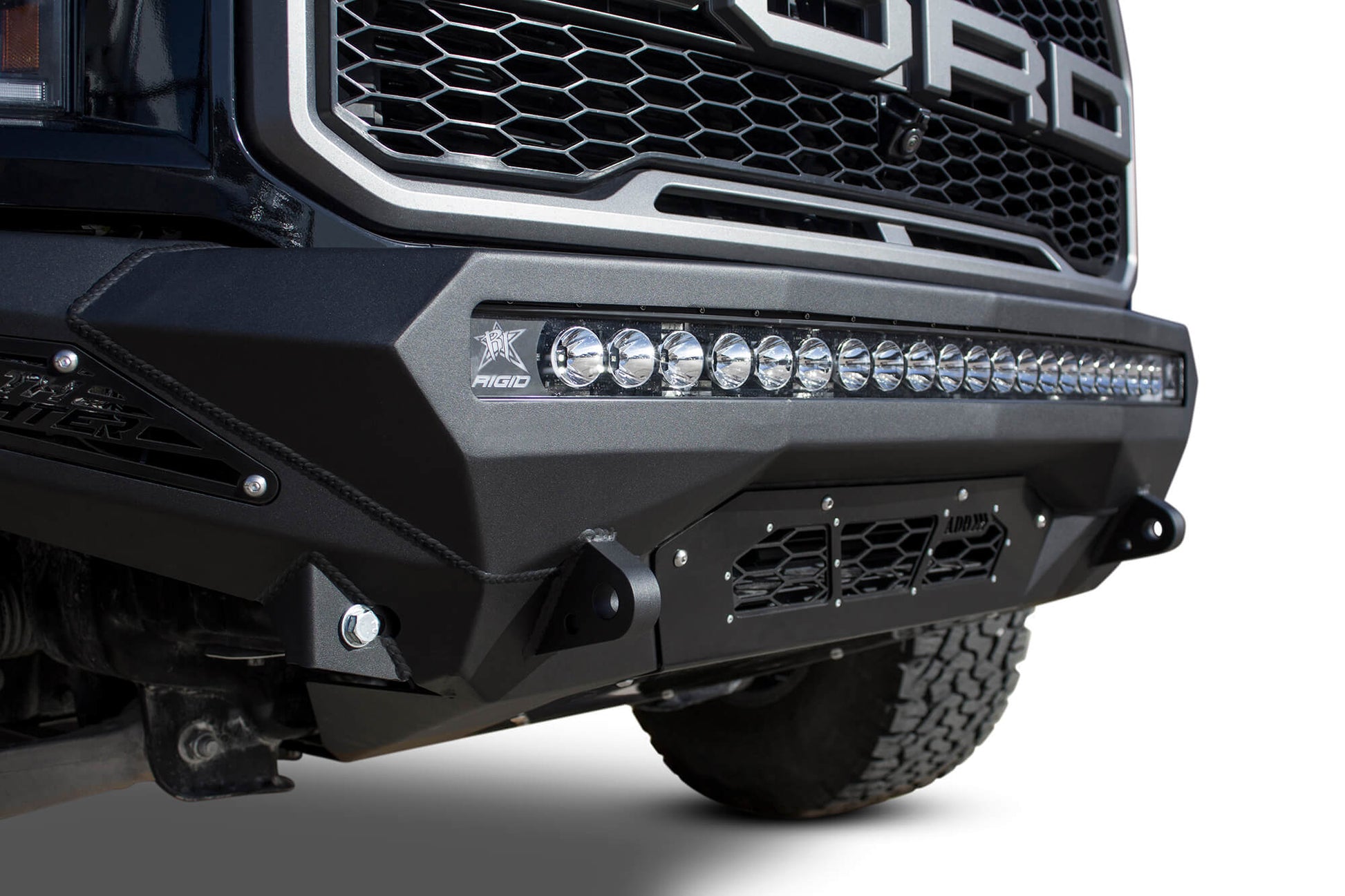 LED Light Bar on Installed ADD Stealth Fighter Front Bumper | 2017-2020 Ford Raptor