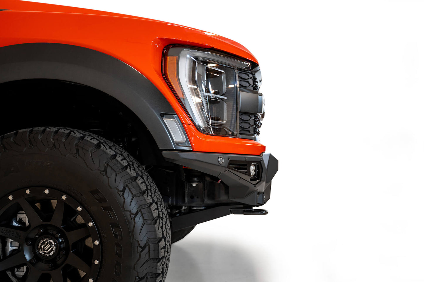 View from side of Installed ADD Bomber Front Bumper (w/ Rigid Lights) | 2021-2023 Ford F-150 Raptor/Raptor R