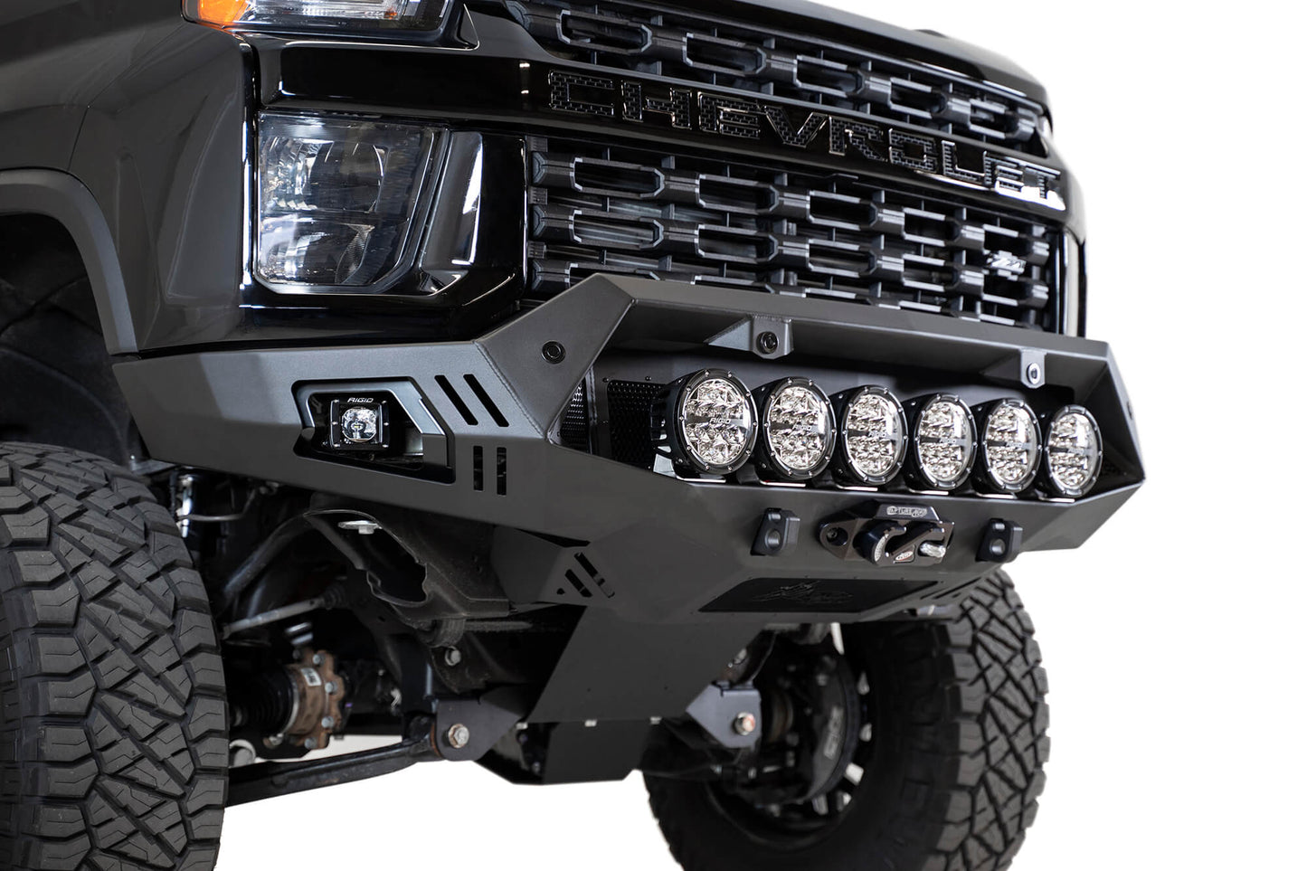 Installed on Car with White Round Lights View from Side Front ADD Chevy Bomber HD Front Bumper | 2020-2023 Chevy 2500/3500 