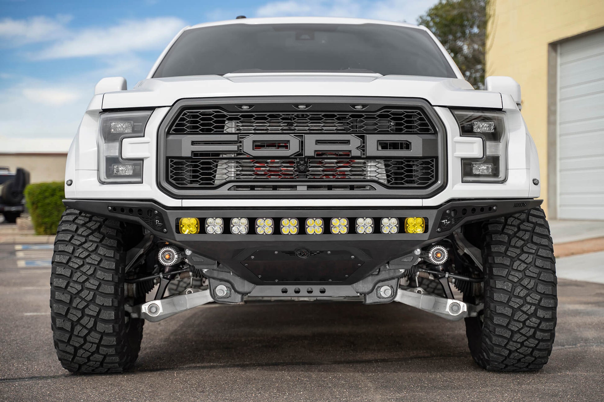 Installed on Car Front View ADD Rock Fighter Frame Cut Front Bumper | 2017-2020 Ford Raptor | Heritage
